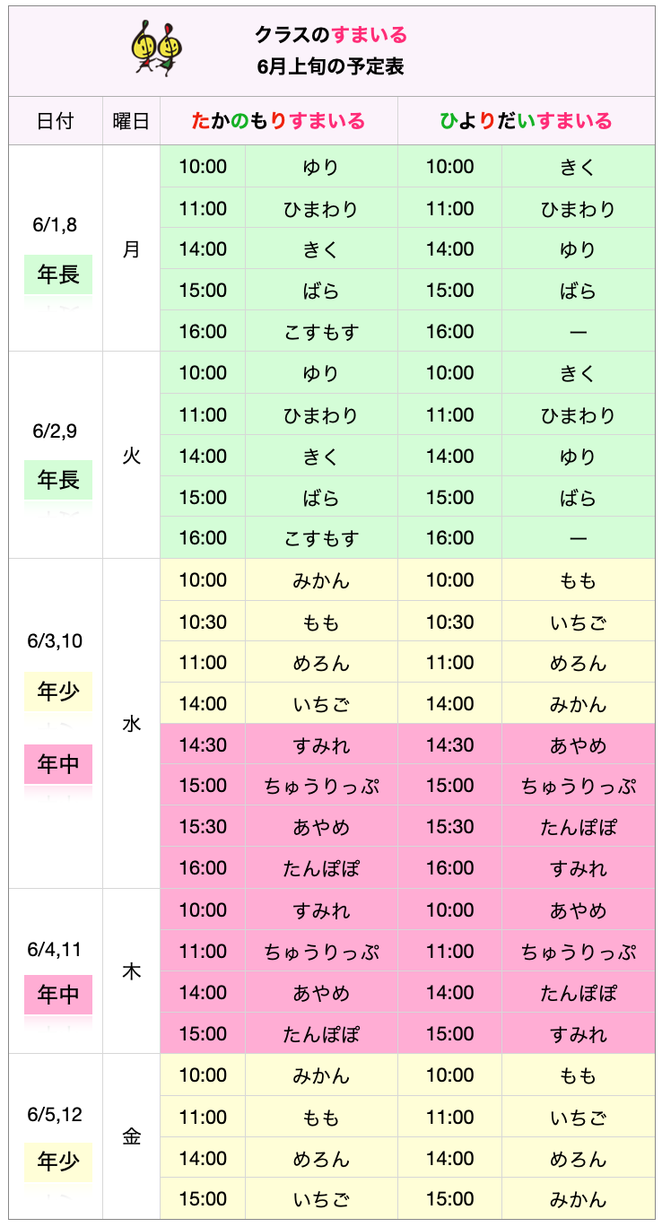 6/1~6/12のzoomの予定表